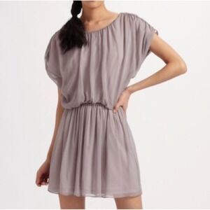 Alice + Olivia Taupe Silk Off Shoulder Mini Dress Elastic Waist Flowy Blouson
